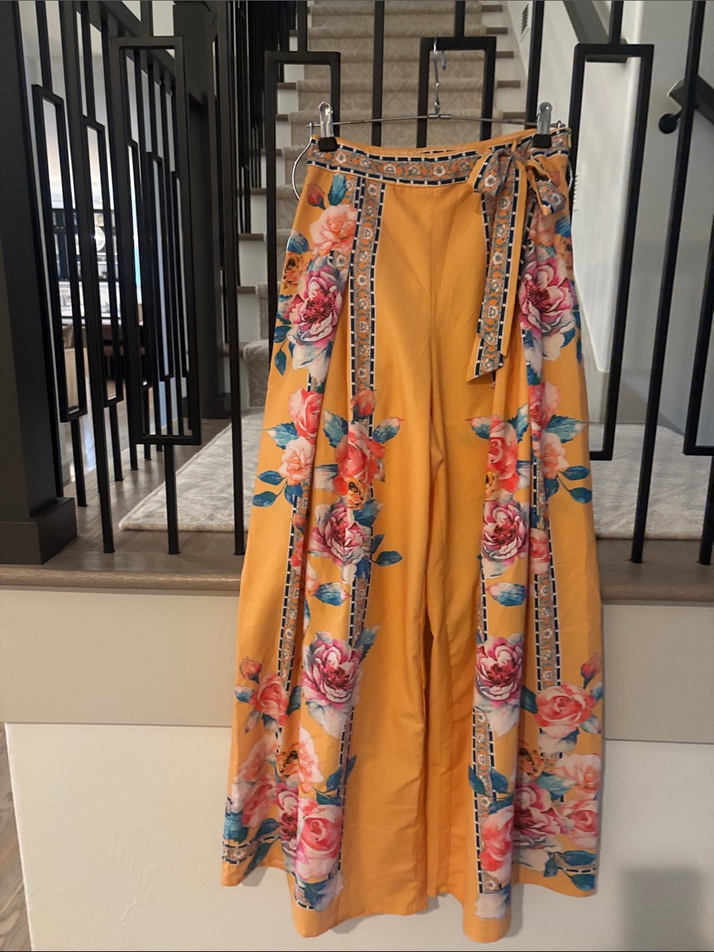 Mustard Yellow Floral Wide-Leg Palazzo Pants with Tie Waist